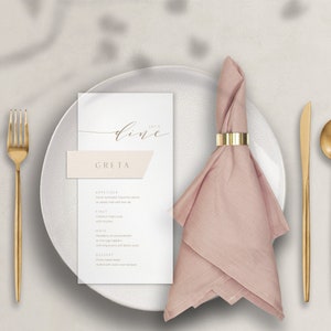 Elegante Menükarte und Namenskarte zur Hochzeit – Tischkarte Modern Glam, pur, lässig, schlicht, klassisch, blush, peach, beige, weiß