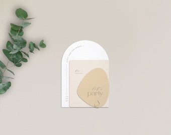Wedding invitation Shape of Love - modern invitation card set, half-round with detailed card and flow card, beige, brown, pebble shape