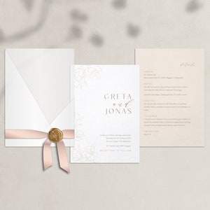 Modern Glam Wedding Invitation Modern invitation card set with transparent cover and floral line art, beige, blush, classic image 3