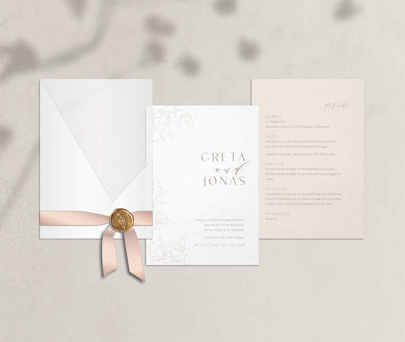 Modern Glam Wedding Invitation Modern invitation card set with transparent cover and floral line art, beige, blush, classic image 3