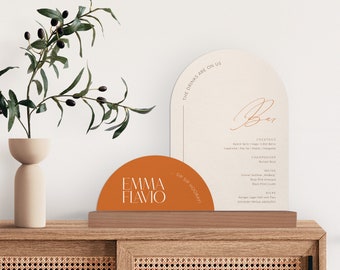 Two-piece bar sign Terracotta Love - for a modern rustic autumn wedding in an Italian look, half round, beige, arch shape