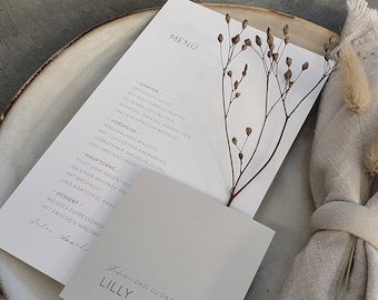 Modern menu card and name card for the wedding - Scandi chic place card, pure and casual, simple, elegant and rustic, gray and white