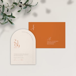 Save the Date Karte Terracotta Love – moderne Hochzeitseinladung für rustikale herbstliche Landhochzeit, beige, braun, rost, halbrund