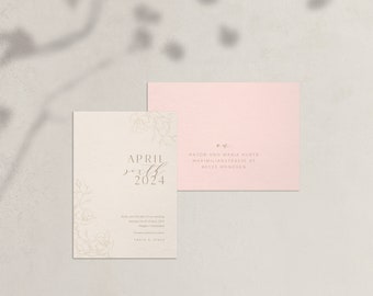 Save the Date Card Modern Glam - modern wedding invitation for an elegant classic wedding, natural, beige, floral line art