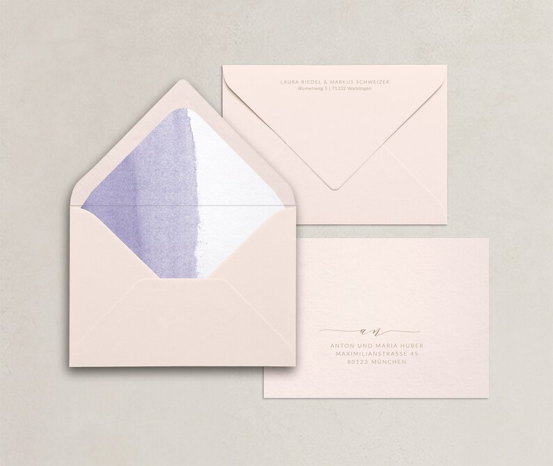Envelope Peach Lavender matching envelope for wedding invitation card set, blush, lavender, white, classic, watercolor image 1