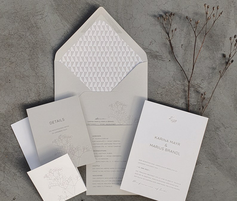 Scandi Chic wedding invitation wedding invitation card set, pure and casual, grey, white, simple and modern with gypsophila image 2