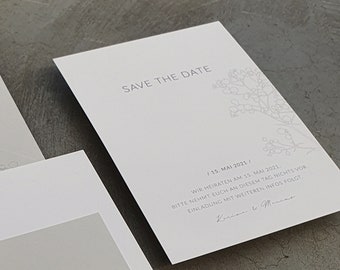 Save the Date Karte Scandi Chic – moderne Hochzeitseinladung, pur und lässig, schlicht, elegant, rustikal, in grau und weiß, floral