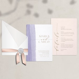 Peach Lavender Wedding Invitation Modern invitation card set with transparent cover and watercolor drawing, apricot, lilac, classic image 3