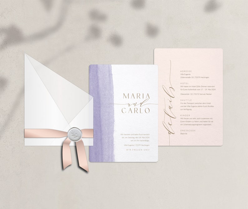 Peach Lavender Wedding Invitation Modern invitation card set with transparent cover and watercolor drawing, apricot, lilac, classic image 3