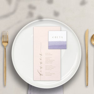 Moderne Menükarte und Namenskarte zur Hochzeit – Tischkarte Peach Lavender, pur, lässig, schlicht, elegant, klassisch, blush, lavendel, weiß