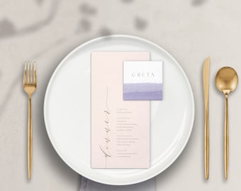 Modern menu card and name card for a wedding - place card Peach Lavender, pure, casual, simple, elegant, classic, blush, lavender, white