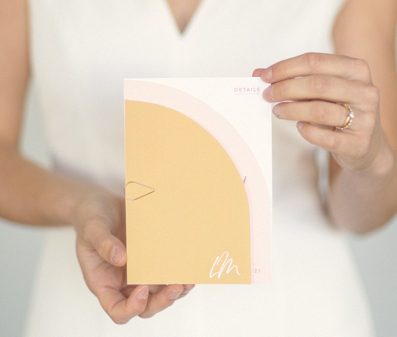 Hello Lover wedding invitation modern invitation card set, in cool shapes and a great color mix in mustard yellow, blush and coral image 1