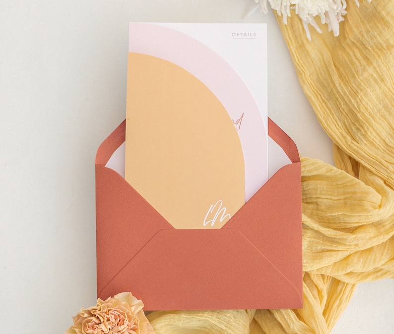 Hello Lover wedding invitation modern invitation card set, in cool shapes and a great color mix in mustard yellow, blush and coral image 2