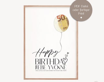 Money gift birthday | give away money | personal gift to print out or finished print | A4, PDF, poster, personalized