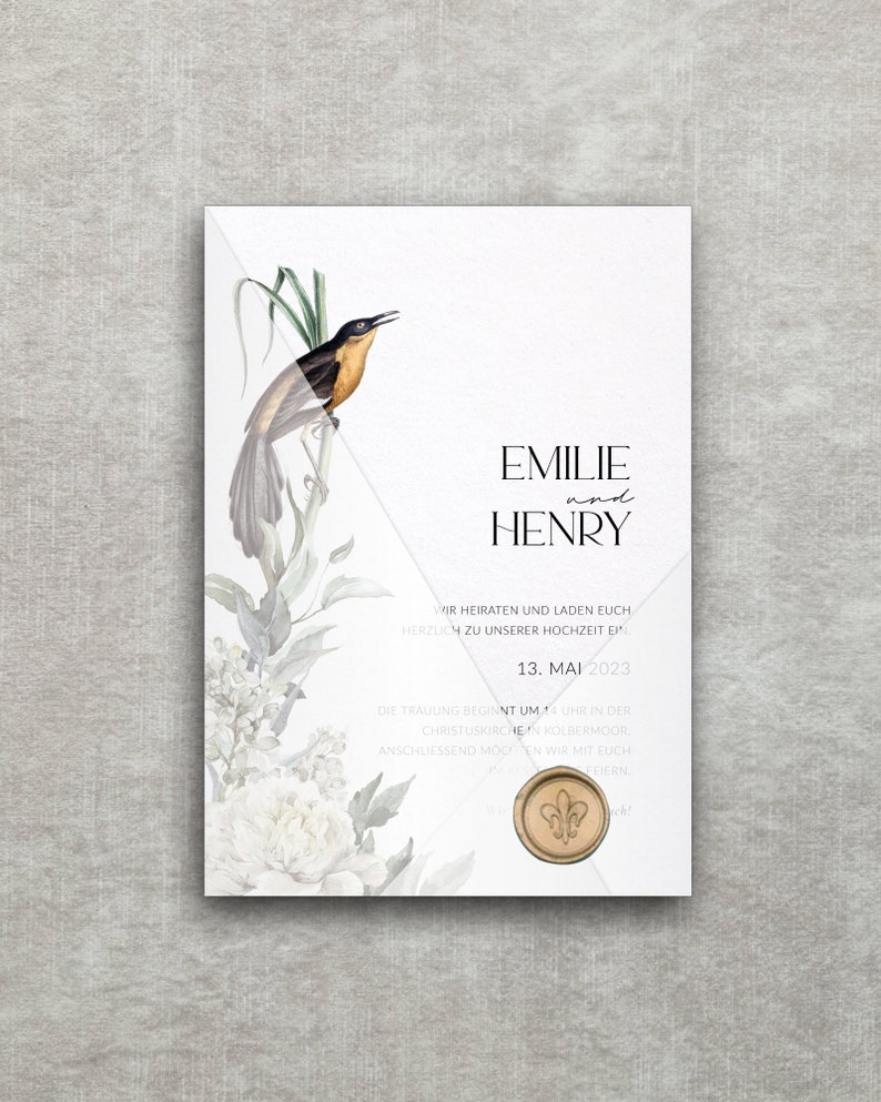 Wedding invitation Soho Urban Glam invitation card set in urban loft style with golden wax seal, floral, green, white, classic image 3