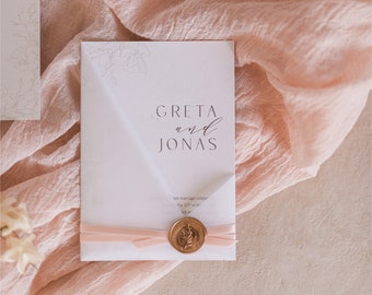 Hochzeitseinladung Modern Glam – Modernes Einladungskarten-Set mit transparenter Hülle und floraler Line-Art, beige, blush, klassisch