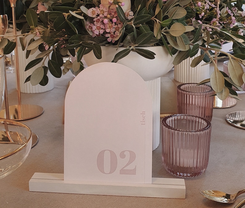 Wedding table number Light Blush airy and modern, rose, peach, apricot, mauve, simple and semicircular image 1