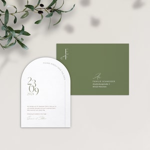 Save the Date Karte Natural Olive – moderne Hochzeitseinladung für rustikale Landhochzeit, beige, weiß, olive, grün halbrund