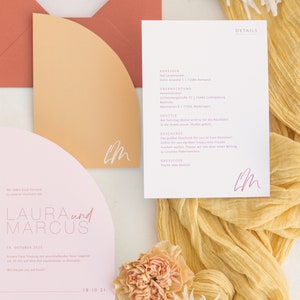 Hello Lover wedding invitation modern invitation card set, in cool shapes and a great color mix in mustard yellow, blush and coral image 3