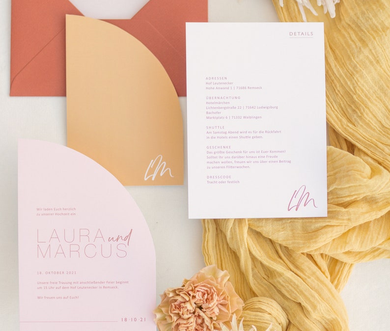 Hello Lover wedding invitation modern invitation card set, in cool shapes and a great color mix in mustard yellow, blush and coral image 3