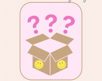 May include: A pink box with a brown lid and question marks on top. The box is open and has two smiley faces inside. The text "NOW AVAILABLE! - Mystery Plushie Boxes Contains $20 (minimum) of handmade plushies Could include: scrunchies, octos, mushies, and more!" is below the box.