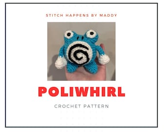 Puede incluir: Un peluche de Poliwhirl tejido a ganchillo en tonos azules, blancos y negros. El peluche presenta un diseño en espiral en su vientre y detalles blancos en manos y pies. El texto "POLIWHIRL CROCHET PATTERN" se muestra debajo.