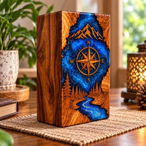 Puede incluir: Un bloque rectangular de madera con una incrustación central de resina azul. La resina representa un río sinuoso, un bosque de pinos, una rosa de los vientos con los puntos cardinales N, S, E, O y picos montañosos bajo un cielo estrellado.