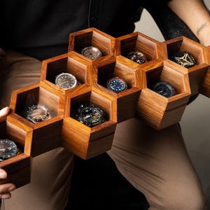 Rosewood honeycomb Watch Box, Mens 1-23 Slot Watch Display Case, free Personalized Lid for Him 5th Year Anniversary Birthday Honeymoon Gift