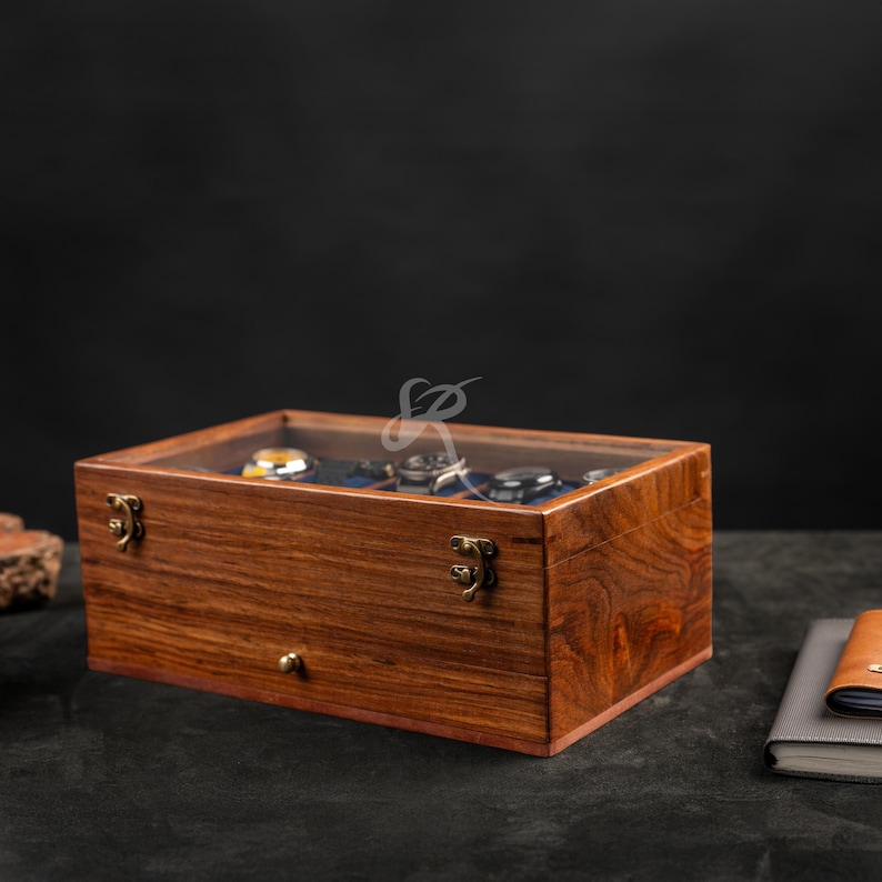 Mens Watch Box, Personalized Rosewood watch box with drawer, Custom Father's Day Gift, Superior Men's Watch Display Case Best Gift for him image 5