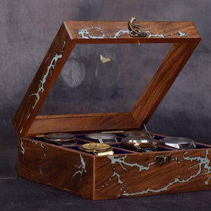 Dark Indian Rosewood Litchenberg burn/Fractal Burn 6 slots Handmade Royal Vintage Watch Box Case Organizer for Men Women, Best Gift for Him