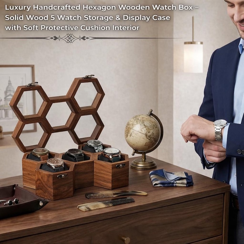 Puede incluir: Una caja de almacenamiento y exhibici&oacute;n de relojes de madera hecha a mano con una estructura hexagonal conectada, cinco compartimentos individuales con un coj&iacute;n protector suave para cada reloj y una tapa abatible con paneles de vidrio.
