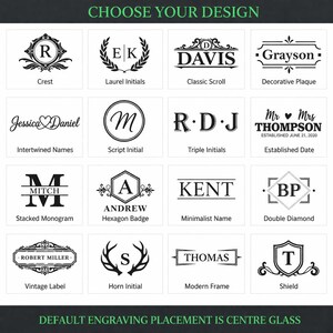 May include: A grid of sixteen black and white graphic design options for engraving, labeled CHOOSE YOUR DESIGN at the top and DEFAULT ENGRAVING PLACEMENT IS CENTRE GLASS at the bottom. Each square displays a unique monogram, name, or crest style.