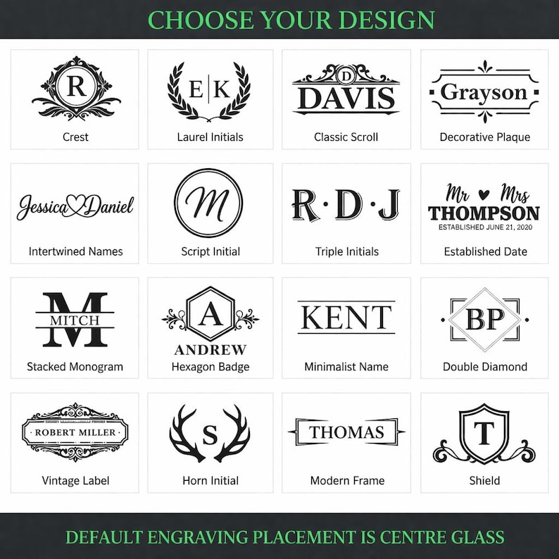 May include: A grid of sixteen black and white graphic design options for engraving, labeled CHOOSE YOUR DESIGN at the top and DEFAULT ENGRAVING PLACEMENT IS CENTRE GLASS at the bottom. Each square displays a unique monogram, name, or crest style.