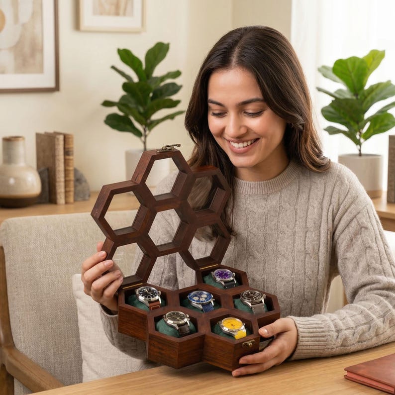 Puede incluir: Un estuche de madera de color marr&oacute;n oscuro para relojes con forma de panal y tapa abatible. El interior cuenta con seis compartimentos individuales, cada uno con un reloj de pulsera sobre un coj&iacute;n de terciopelo verde.
