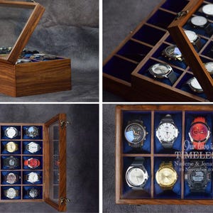 May include: A rectangular wooden watch box with a glass lid and a blue velvet interior. The box features multiple compartments for watches, a side section for accessories, and the text "Our love is TIMELESS, Nailene & Jonathan, 25 November 2022".