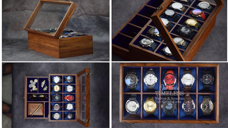 May include: A rectangular wooden watch box with a glass lid and a blue velvet interior. The box features multiple compartments for watches, a side section for accessories, and the text "Our love is TIMELESS, Nailene & Jonathan, 25 November 2022".
