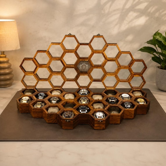Handmade Vintage Watch Box, Rosewood Honeycomb Watch Display Case, Wooden Jewelry Organizer, Gift for Boyfriend, Mens Watch Display Case