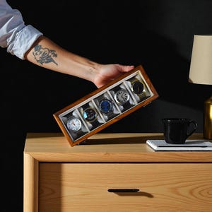 Rosewood Watch Box - Mens Watch Display Case with Personalized Lid for Him 5th Year Anniversary Birthday Honeymoon Gift, Wooden Watch Box
