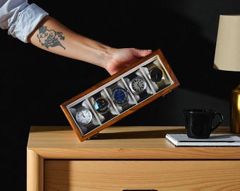 Rosewood Watch Box - Mens Watch Display Case with Personalized Lid for Him 5th Year Anniversary Birthday Honeymoon Gift, Wooden Watch Box