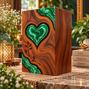 Puede incluir: Una urna funeraria rectangular de madera con una incrustación en forma de corazón de resina verde vibrante. La veta de la madera es oscura y ondulada, acentuada por una rama grabada con láser con hojas que se extiende desde la incrustación de resina.