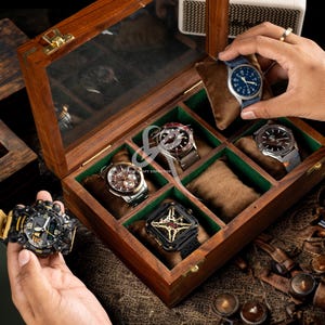 Luxury Rosewood Mens Watch Box - 6 Slot Watch Display Case with Personalized Lid for Him 5th Year Anniversary Birthday Honeymoon Gift,