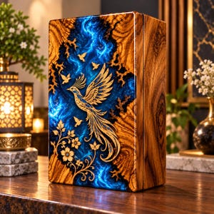 Puede incluir: Una caja rectangular de madera con acabado pulido y una incrustación central de resina azul vibrante. La resina muestra un patrón de nebulosa arremolinada, acentuado por un fénix dorado y motivos florales sobre la veta de la madera.