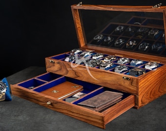 Free Personalized Rosewood watch box with drawer, Custom Father's Day Gift, Superior Men's Watch Display Case, Best Gift for him