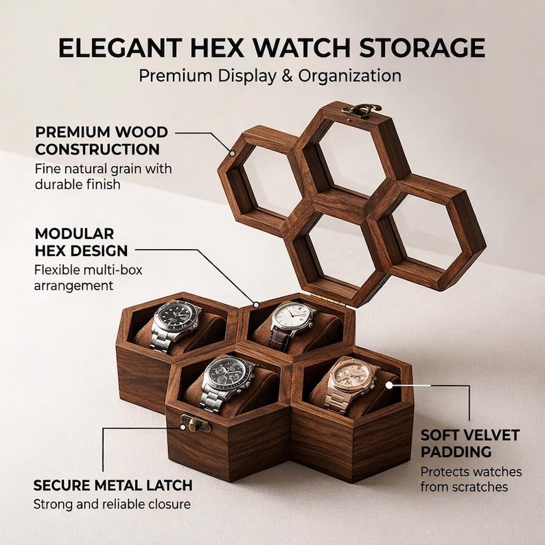 Puede incluir: Una caja de madera hexagonal para guardar relojes con tapa abatible, que incluye el texto ELEGANT HEX WATCH STORAGE, PREMIUM WOOD CONSTRUCTION, MODULAR HEX DESIGN y SECURE METAL LATCH. La caja contiene cuatro relojes sobre cojines.