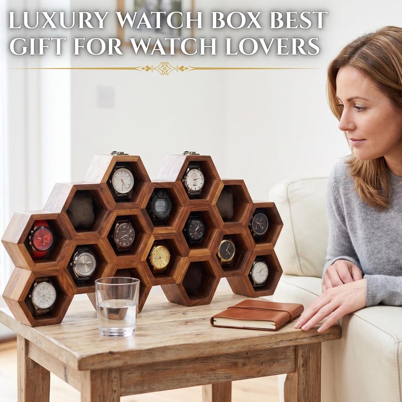 Puede incluir: Una caja de madera para relojes con estructura de panal que presenta m&uacute;ltiples compartimentos hexagonales. Varios relojes de pulsera se muestran dentro de los espacios. El texto LUXURY WATCH BOX BEST GIFT FOR WATCH LOVERS es visible.