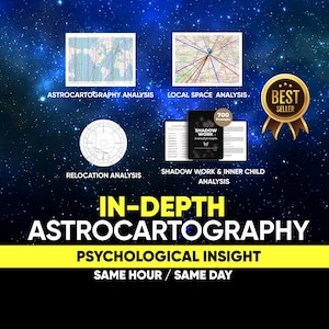 May include: A digital graphic featuring astrocartography, local space, and relocation analysis charts, alongside a shadow work journal with 700 prompts. Text includes IN-DEPTH ASTROCARTOGRAPHY PSYCHOLOGICAL INSIGHT SAME HOUR / SAME DAY and a BEST SELLER badge.