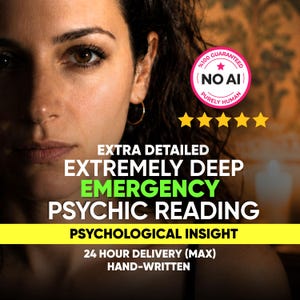 May include: A digital graphic featuring a person's face with text that reads: EXTRA DETAILED EXTREMELY DEEP EMERGENCY PSYCHIC READING PSYCHOLOGICAL INSIGHT 24 HOUR DELIVERY (MAX) HAND-WRITTEN. Includes a pink circular badge stating %100 GUARANTEED NO AI PURELY HUMAN and five yellow stars.