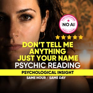 Puede incluir: Un anuncio de servicio de lectura psíquica con el texto: DON'T TELL ME ANYTHING JUST YOUR NAME PSYCHIC READING, PSYCHOLOGICAL INSIGHT, SAME HOUR / SAME DAY, y una insignia circular rosa que dice %100 GUARANTEED NO AI PURELY HUMAN.