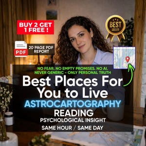 Può includere: Un rapporto PDF di 20 pagine intitolato Best Places For You to Live Astrocartography Reading. L'immagine include il testo No Fear, No Empty Promises, No AI, Never Generic - Only Personal Truth, insieme a una mappa con un segnaposto.