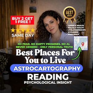 Puede incluir: Imagen que promociona lecturas de Astrocratografía. La imagen presenta a una mujer sonriendo, con texto superpuesto: "Mejores lugares para vivir", "Lectura" e "Información psicológica". Texto adicional incluye "¡Compra 2 y obtén 1 gratis!" y "Más vendido".